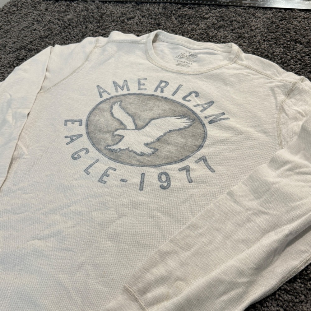 Vintage American Eagle Thermal Shirt Mens Cream Excellent Graphic Waffle Size S
